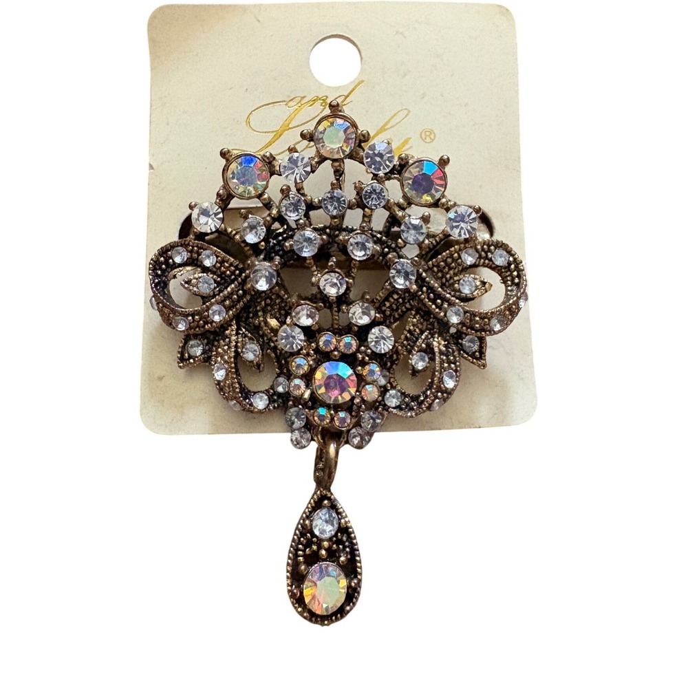 And‎ Lovely Antique Gold Tone Aurora Borealis Filigree Dangle Brooch Pin NWT